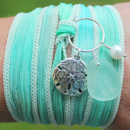 sea glass silk wrap bracelet with silver charm