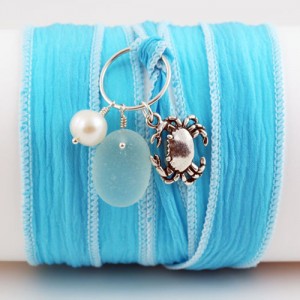 Sea glass bracelet silk wrap with crab charm