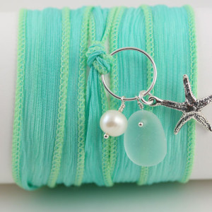 Sea Glass Bracelet Silk Wrap with Flip Flop Charm