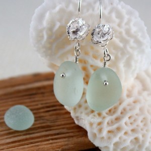 Sea Glass Earrings, Sea Foam Green with Sterling Silver Rosette Earring Wires from A Day at the Beach Fine Sea Glass Jewelry