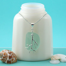 Sea Foam Green Sea Glass with Coral Branch. Sterling Silver Necklace. Ready for Fast, Free Shipping.