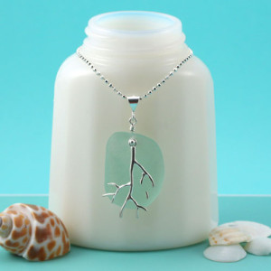 Sea Foam Green Sea Glass with Coral Branch. Sterling Silver Necklace. Ready for Fast, Free Shipping.