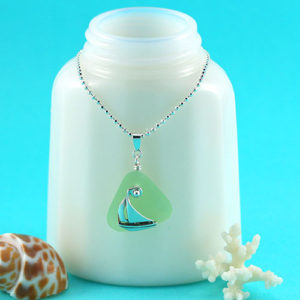 Light Green Sea Glass Necklace with Sailboat Charm. Sterling Silver. Genuine Sea Glass. Ready for Fast, Free Shipping.