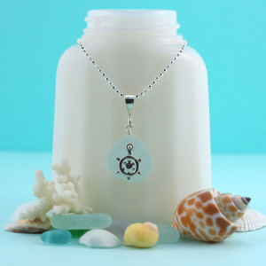 Aqua Sea Glass Necklace with Sterling Silver Nautical Charm and Necklace
