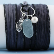 Sea Glass Bracelet, Silk Wrap in Stone (Black) Color and Your Choice of Sterling Silver Charm