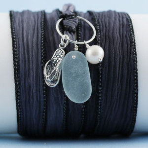 Sea Glass Bracelet Silk Wrap with Flip Flop Charm