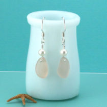 Pink Sea Glass Earrings with Pearls. Sterling Silver. Freshwater Pearls. Ready for Fast, Free Shipping.
