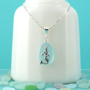 Aqua Sea Glass Necklace with Mermaid Charm. Genuine Sea Glass. Sterling Silver. One of a Kind. Ready for Fast, Free Shipping.