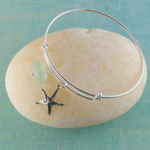 Sea Glass Bangle Bracelet, Sterling Silver, Expandable with your choice of beachy charm!