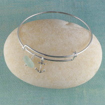 Sea Glass Bangle Bracelet, Sterling Silver, Expandable, with your choice of beachy charm.