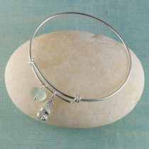 Sea Glass Bangle Bracelet , Sterling Silver, Expandable, with you Choice of Beachy Charm