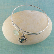 Sea Glass Bangle Bracelet, Sterling Silver, Expandable with your choice of beachy charm!