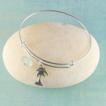 Sea Glass Bangle Bracelet, Expandable, Sterling Silver with your choice of beachy charm.