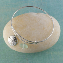 Sea Glass Bangle Bracelet, Sterling Silver, Expandable, with your choice of sterling silver beachy charm.
