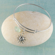 Sea Glass Bangle Bracelet, Expandable, Sterling Silver with your choice of beachy charm