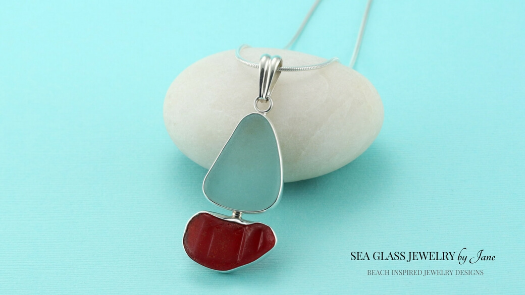 Beach Necklace Cultured Sea Glass Necklace Sailboat Pendant Nautical Necklace Red White Blue Art Jewelry Aqua Necklace Boat Jewelry