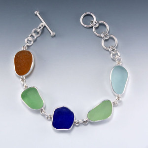 Sea Glass Bracelet Bezel Set in Sterling Silver. Five Genuine Sea Glass Gems. One of a Kind. Ready for Fast Free Shipping.
