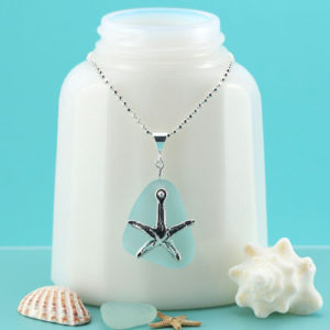 Aqua Sea Glass Necklace with Starfish. Sterling Silver. Genuine Sea Glass. Ready for Fast, Free Shipping.