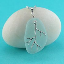 Sea Foam Green Sea Glass Necklace with Coral Branch Charm