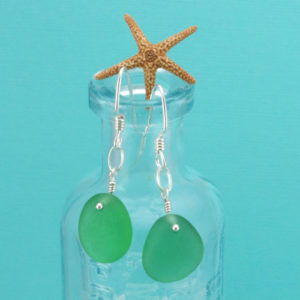 Genuine Green Sea Glass Earrings. Sterling Silver. Ready for Fast, Free Shipping.