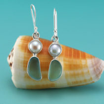 Aqua Sea Glass Earrings Bezel Set. Sterling Silver. With Pearls. Genuine Sea Glass. One Pair Available. Ready for Fast, Free Shipping.