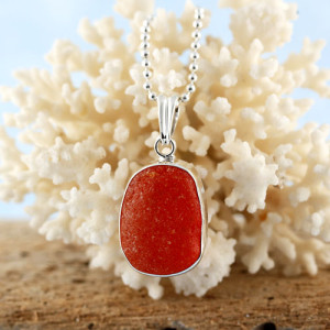 Rare Orange/Red Sea Glass Pendant Necklace, Sterling Silver.