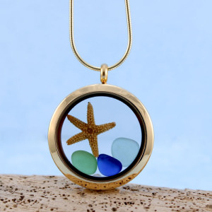 Sea Glass Pendant, Floating Locket Gold with Matching Necklace, Thee Small Sea Glass Gems and Starfish