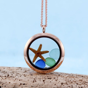 Sea Glass Pendant, Floating Locket, Rose Gold with Matching Necklace