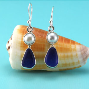 Cobalt Blue Sea Glass Earrings Bezel Set. Sterling Silver. Ready for Fast, Free Shipping. 