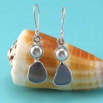 Cornflower Blue Sea Glass Earrings with Pearls. Genuine Sea Glass. Bezel Set Sterling Silver. Ready for Fast, Free Shipping.
