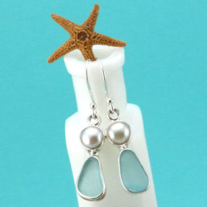 Aqua Sea Glass Earrings with Pearls. Bezel Set, Sterling Silver. Genuine Sea Glass. Ready for Fast, Free Shipping.