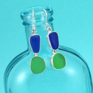 Cobalt Blue and Green Sea Glass Earrings. Genuine Sea Glass. Sterling Silver. One of a Kind. Ready for Fast, Free Shipping.
