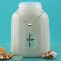 Sea Foam Green Sea Glass Necklace with Sterling Silver Cross. Sterling Silver Necklace.Ready for Fast, Free Shipping.