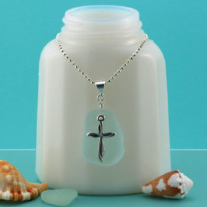 Sea Foam Green Sea Glass Necklace with Sterling Silver Cross. Sterling Silver Necklace.Ready for Fast, Free Shipping.