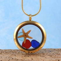 Sea Glass Pendant, Floating Locket Gold with Red Sea Glass