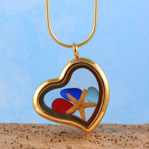 Sea Glass Pendant, Floating Locket, Gold Toned with Red Sea Glass