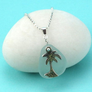 Aqua Sea Glass Necklace Palm Tree Charm. Sterling Silver. Genuine Sea Glass. Ready for Fast, Free Shipping.