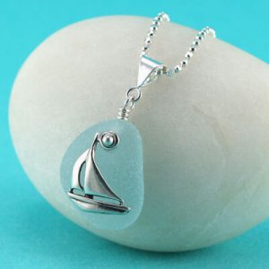Aqua Sea Glass Pendant/Necklace Sailboat