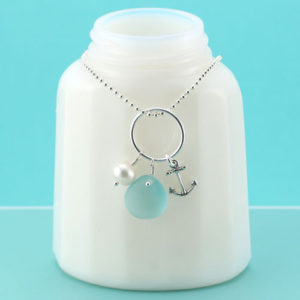 Aqua Sea Glass Pendant Anchor Charm. Sterling Silver Neckace. Ready for Fast, free shipping.