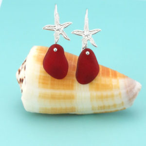 Red Sea Glass Starfish Earrings. One Pair Only. Genuine Sea Glass. Sterling Silver. Ready for Fast, Free Shipping.