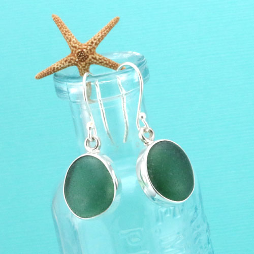 Genuine Teal Sea Glass Earrings Bezel Set Sterling Free Shipping