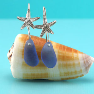 Cornflower Blue Sea Glass Starfish Earrings. Sterling Silver. Genuine Sea Glass. Ready for Fast, Free Shipping. One Only.