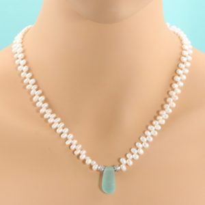 Aqua Sea Glass Necklace with Pearls. Genuine Sea Glass. Ready for Fast, Free Shipping.