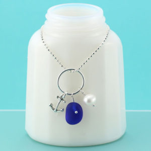 Cobalt Blue Sea Glass Necklace Anchor Charm. Sterling Silver Necklace. Ready for Fast, Free Shipping.