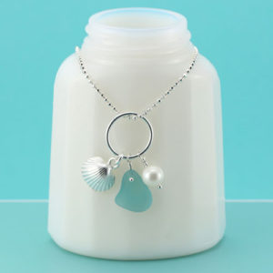 Aqua Sea Glass Necklace Shell Charm