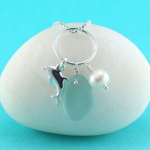 Aqua Sea Glass Necklace Dolphin Charm