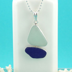 Sea Glass Necklace Bezel Set Sailboat. Genuine Sea Glass. Cobalt Blue and White. Ready for Fast, Free Shipping.