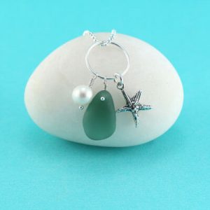 Teal Sea Glass Pendant with Pearl and Starfish Charm