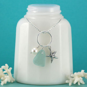 Aqua Sea Glass Necklace with Pearl and Charm. Genuine Sea Glass, Sterling Silver. Ready for Fast, Free Shipping.