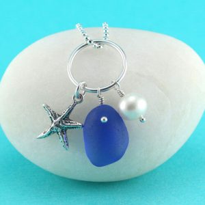 Cobalt Blue Sea Glass Necklace with Pearl and Charm